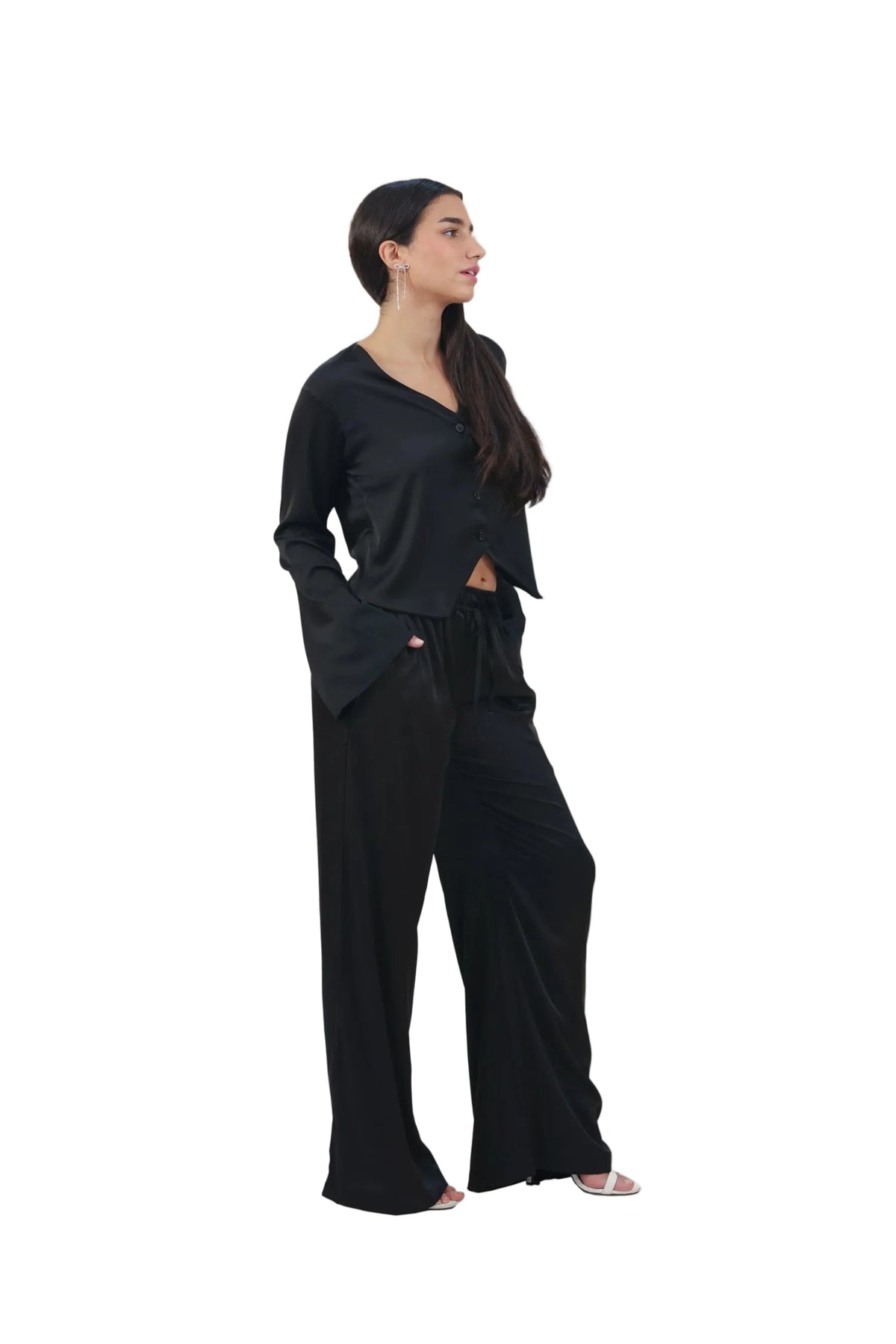 Femme Fatale - Women's Silk Flowy Top & Wide-Leg Set