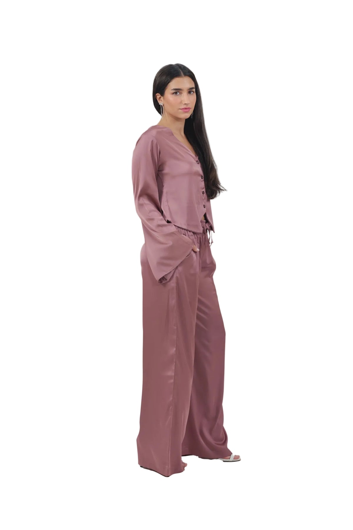 Femme Fatale - Women's Silk Flowy Top & Wide-Leg Set