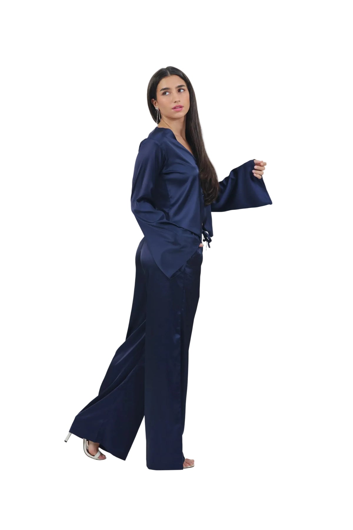 Femme Fatale - Women's Silk Flowy Top & Wide-Leg Set