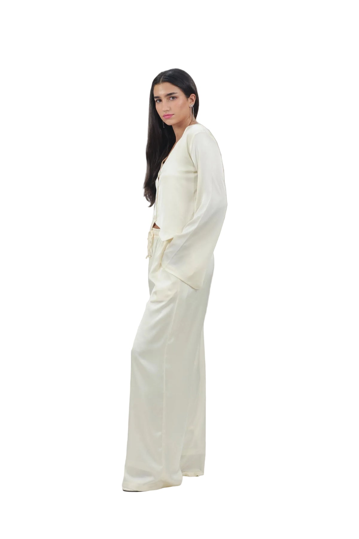 Femme Fatale - Women's Silk Flowy Top & Wide-Leg Set