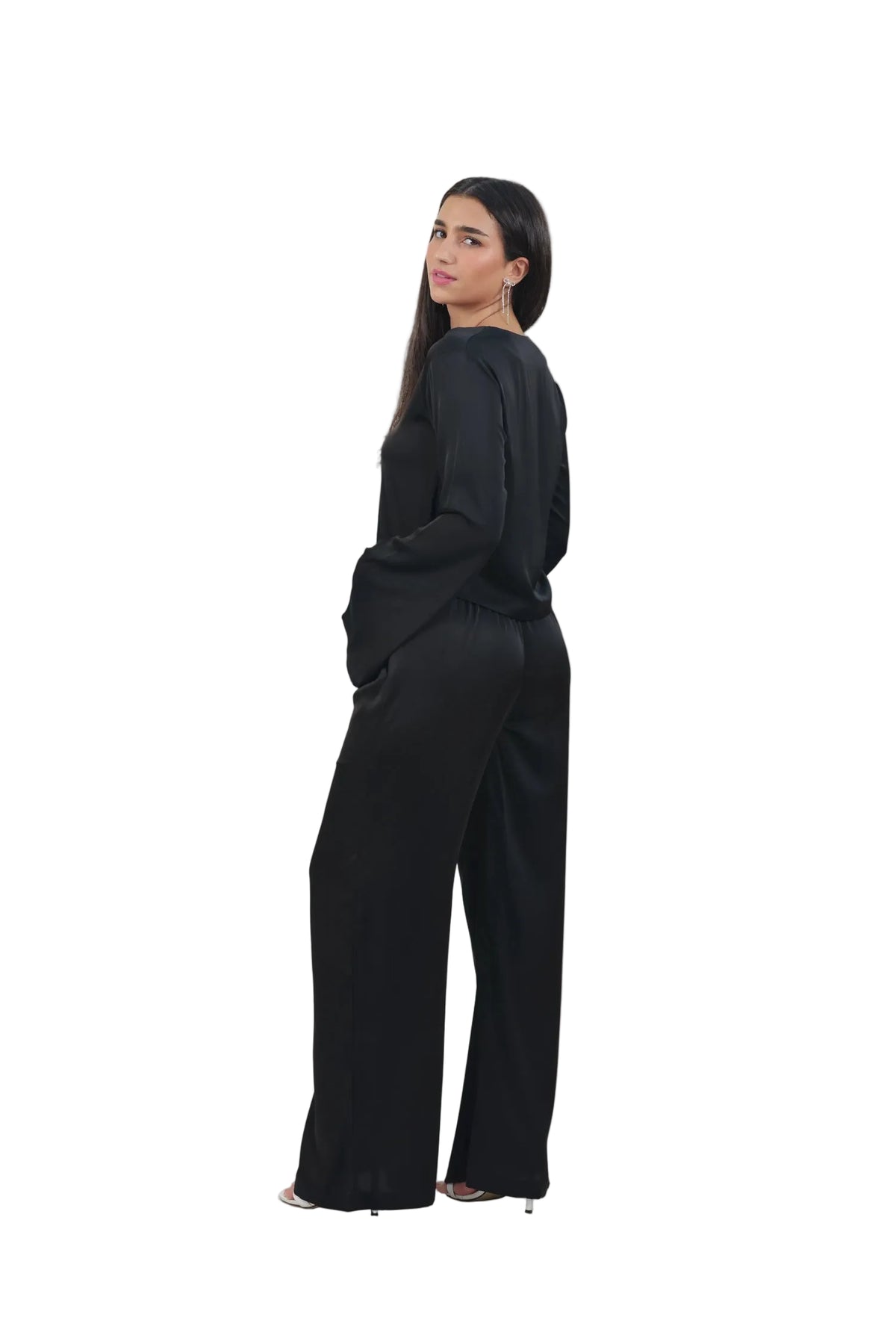 Femme Fatale - Women's Silk Flowy Top & Wide-Leg Set