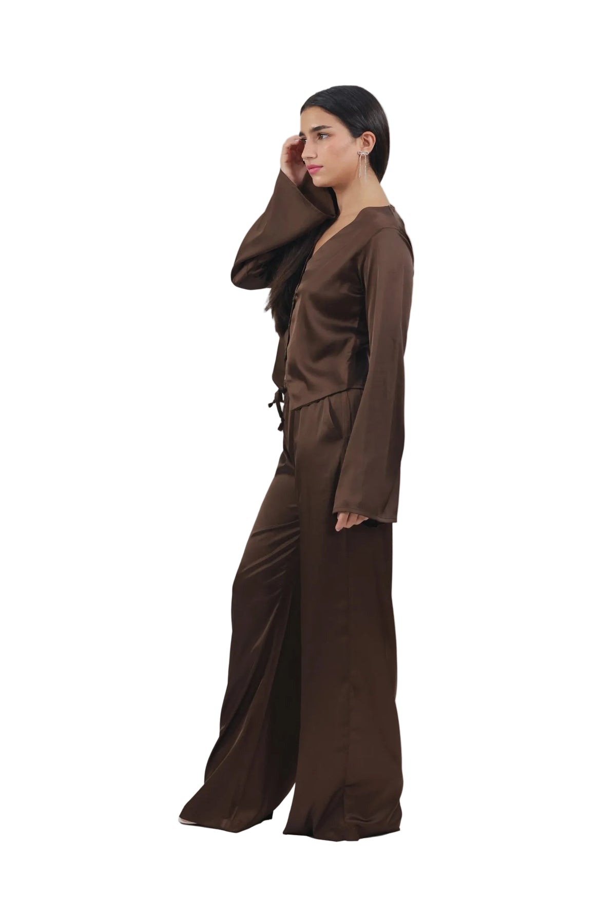 Femme Fatale - Women's Silk Flowy Top & Wide-Leg Set