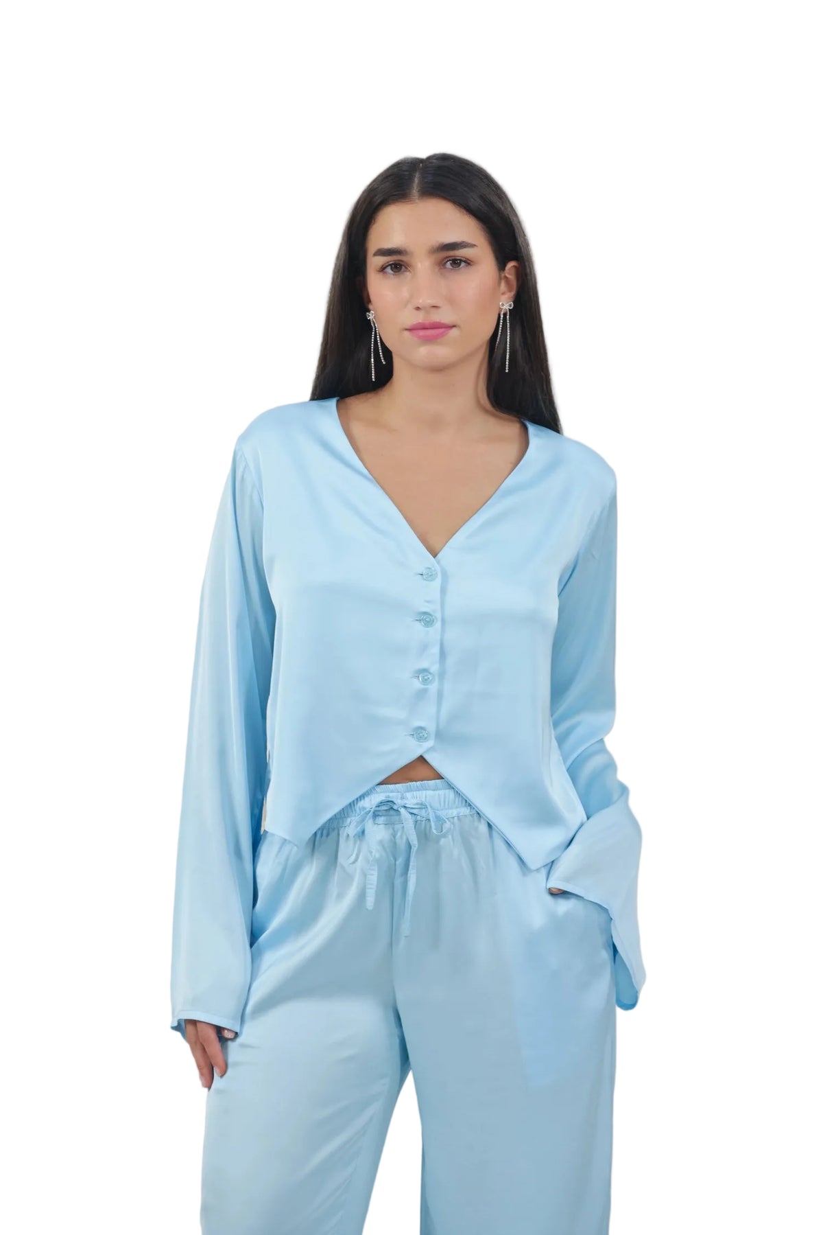 Femme Fatale - Women's Silk Flowy Top & Wide-Leg Set