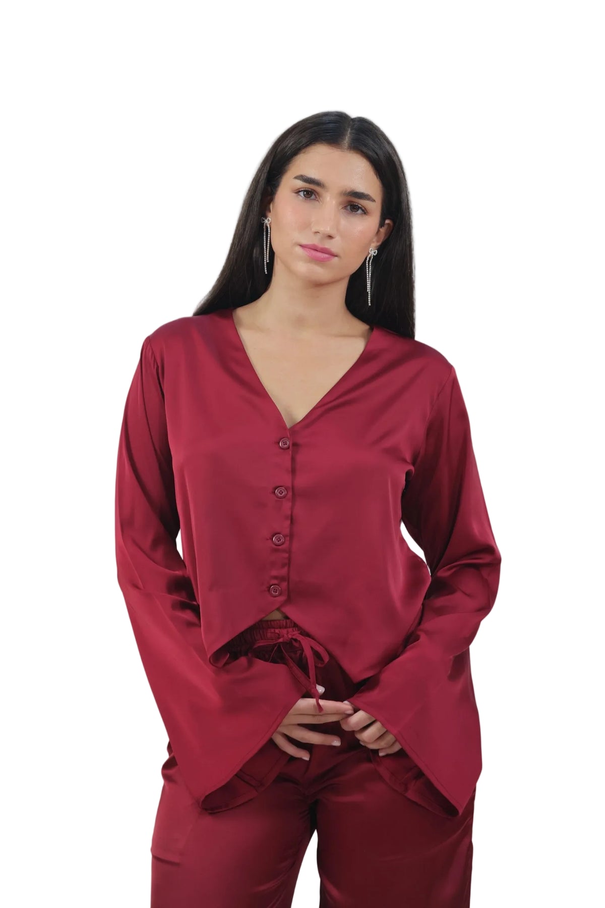 Femme Fatale - Women's Silk Flowy Top & Wide-Leg Set