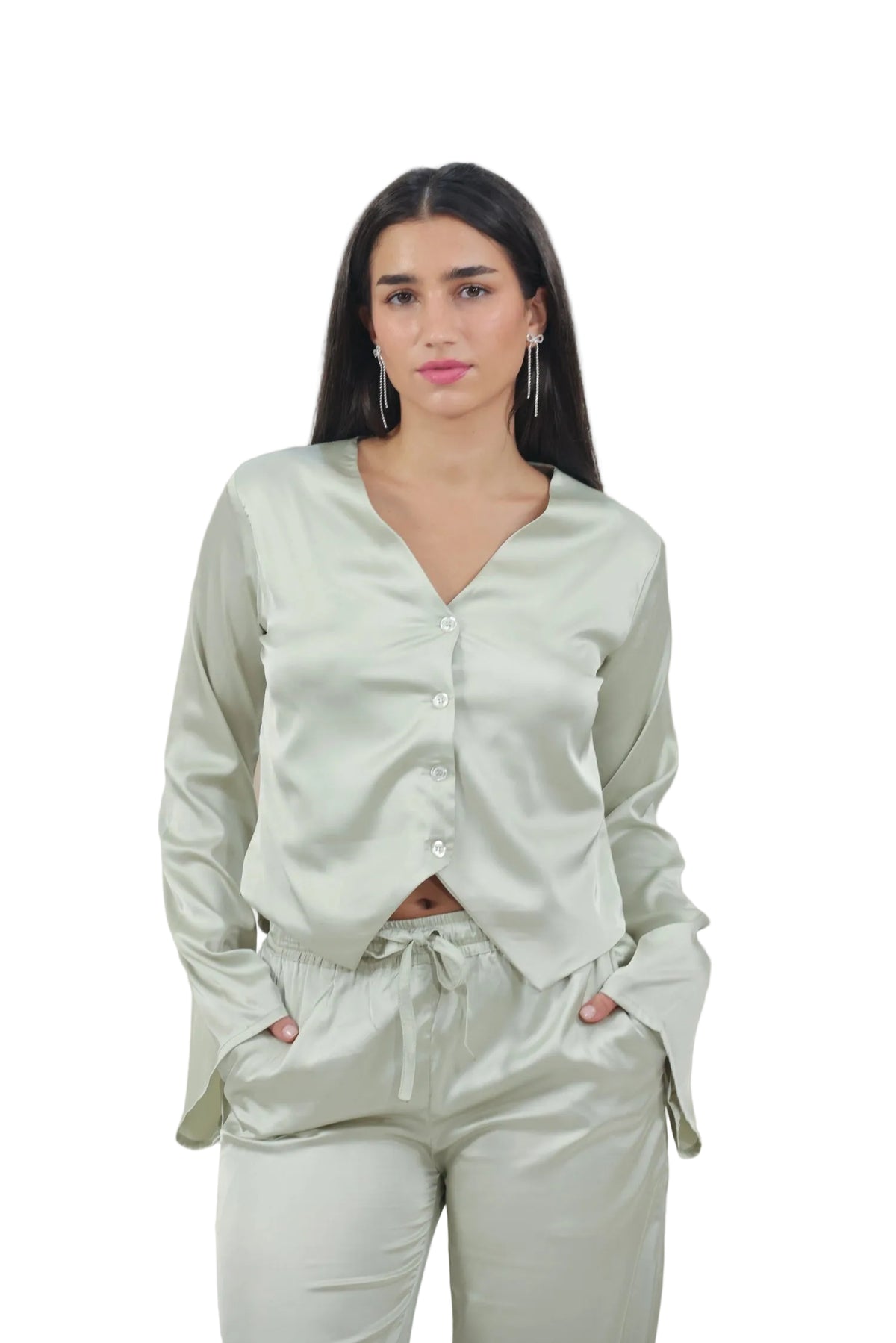 Femme Fatale - Women's Silk Flowy Top & Wide-Leg Set