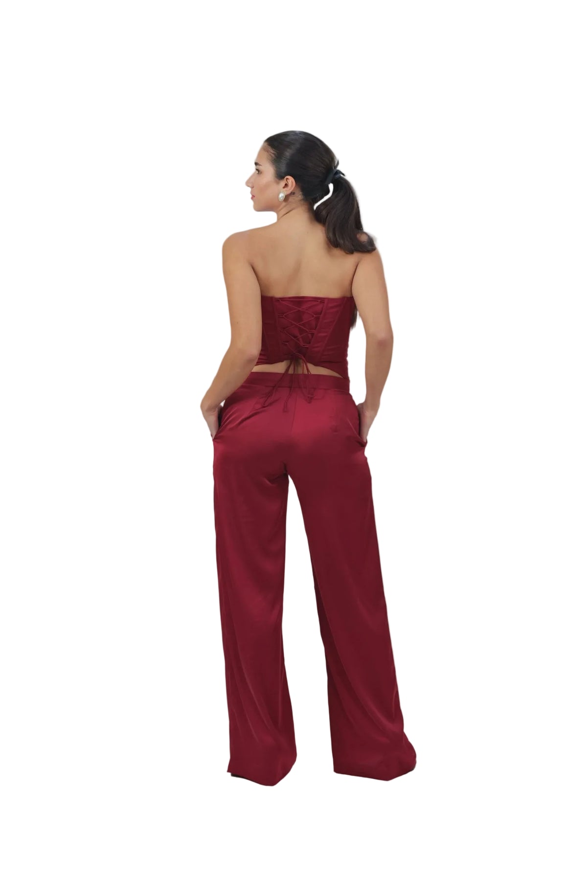 Old Money Vibe - Women's Silk Corset & Wide-Leg Set