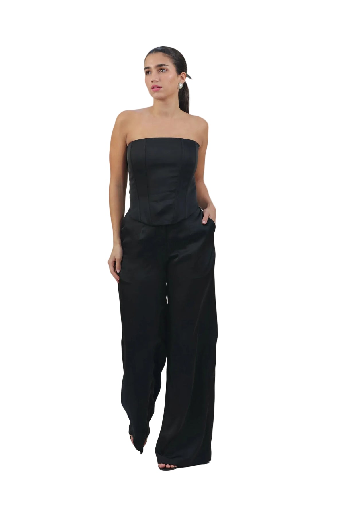 Old Money Vibe - Women's Silk Corset & Wide-Leg Set