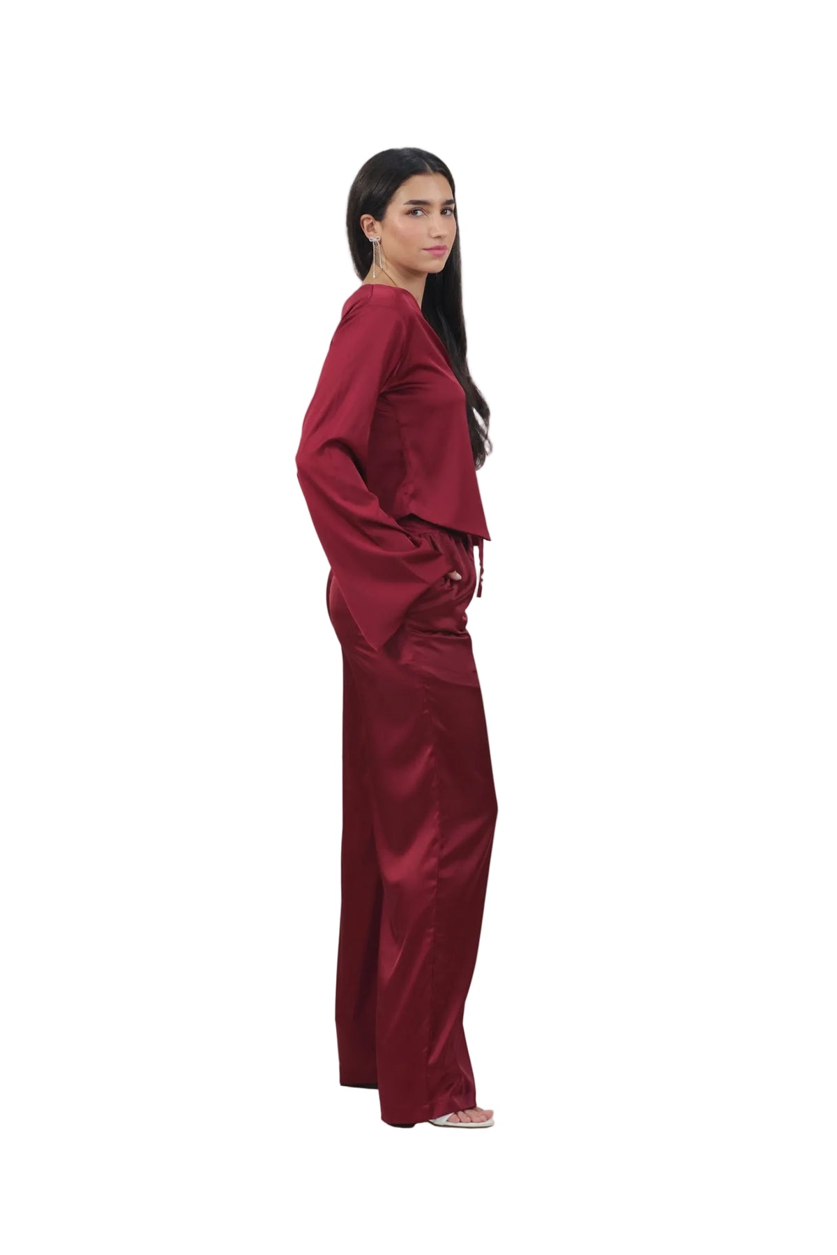 Femme Fatale - Women's Silk Flowy Top & Wide-Leg Set