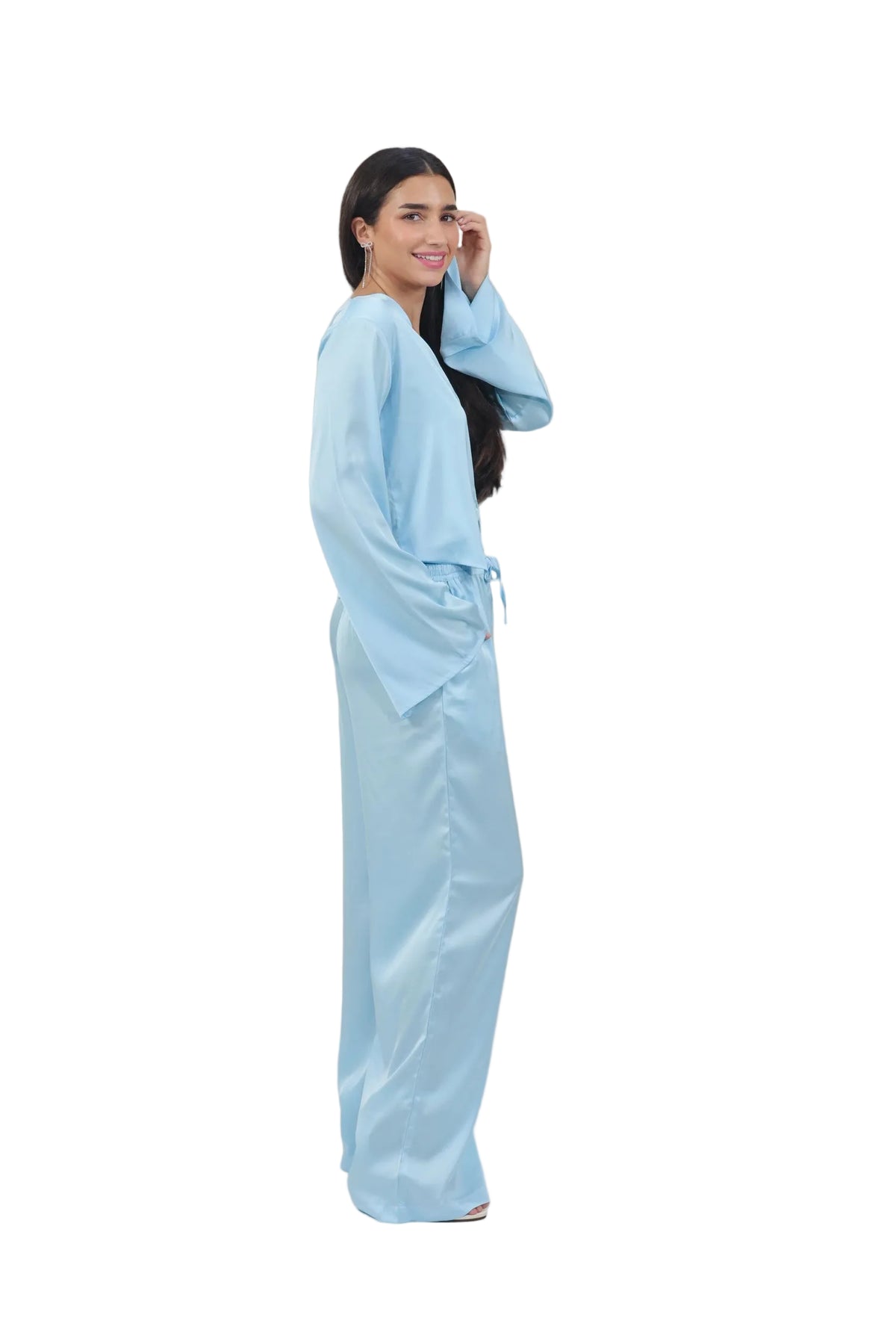 Femme Fatale - Women's Silk Flowy Top & Wide-Leg Set