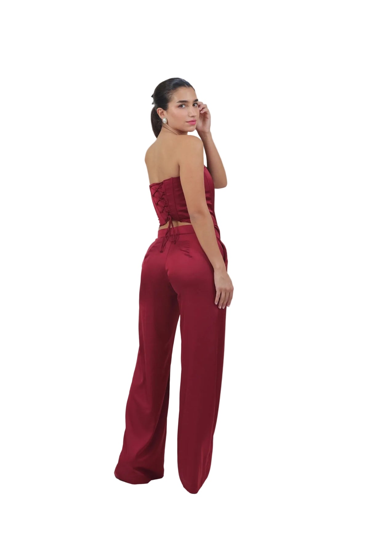 Old Money Vibe - Women's Silk Corset & Wide-Leg Set