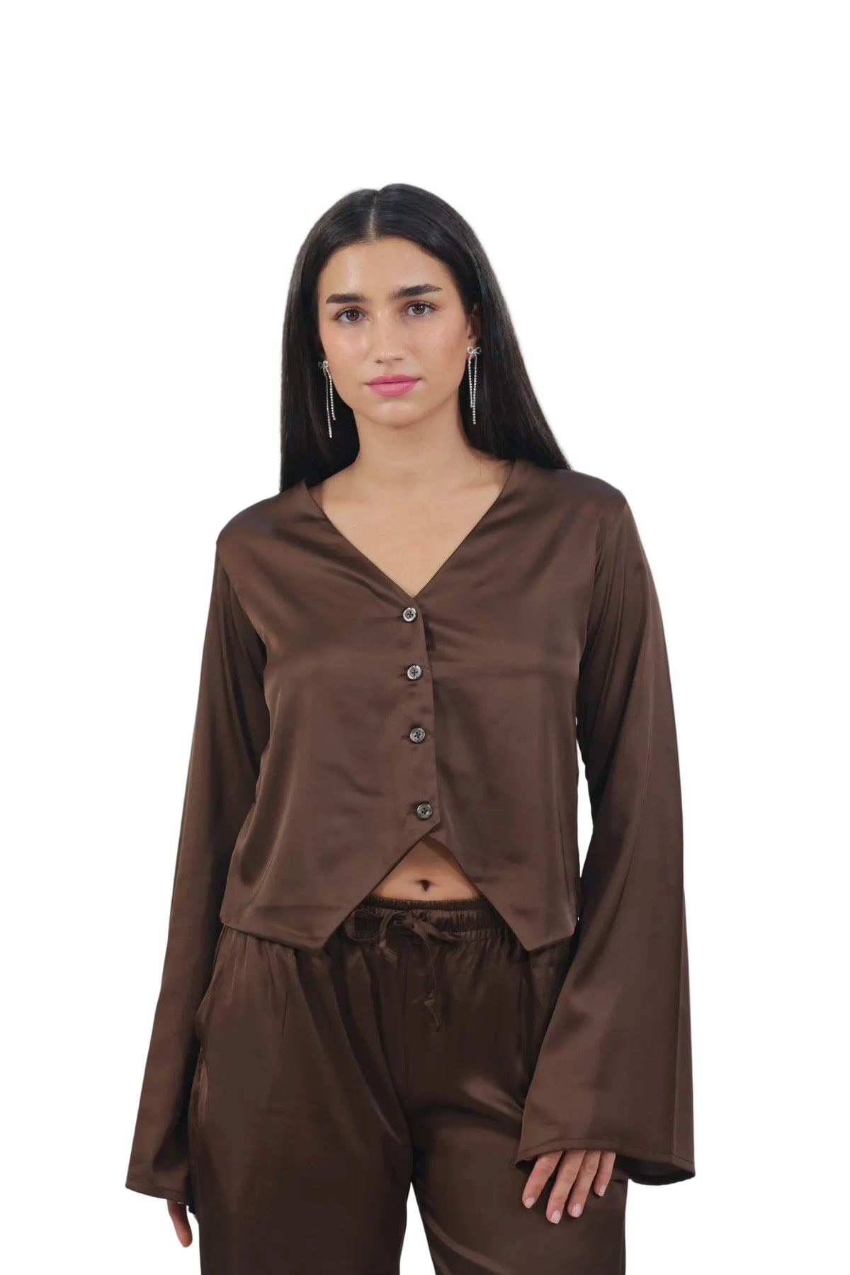 Femme Fatale - Women's Silk Flowy Top & Wide-Leg Set