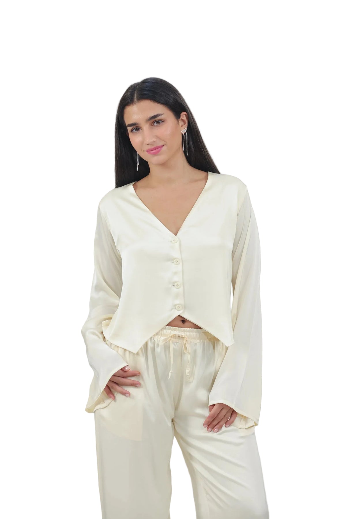 Femme Fatale - Women's Silk Flowy Top & Wide-Leg Set