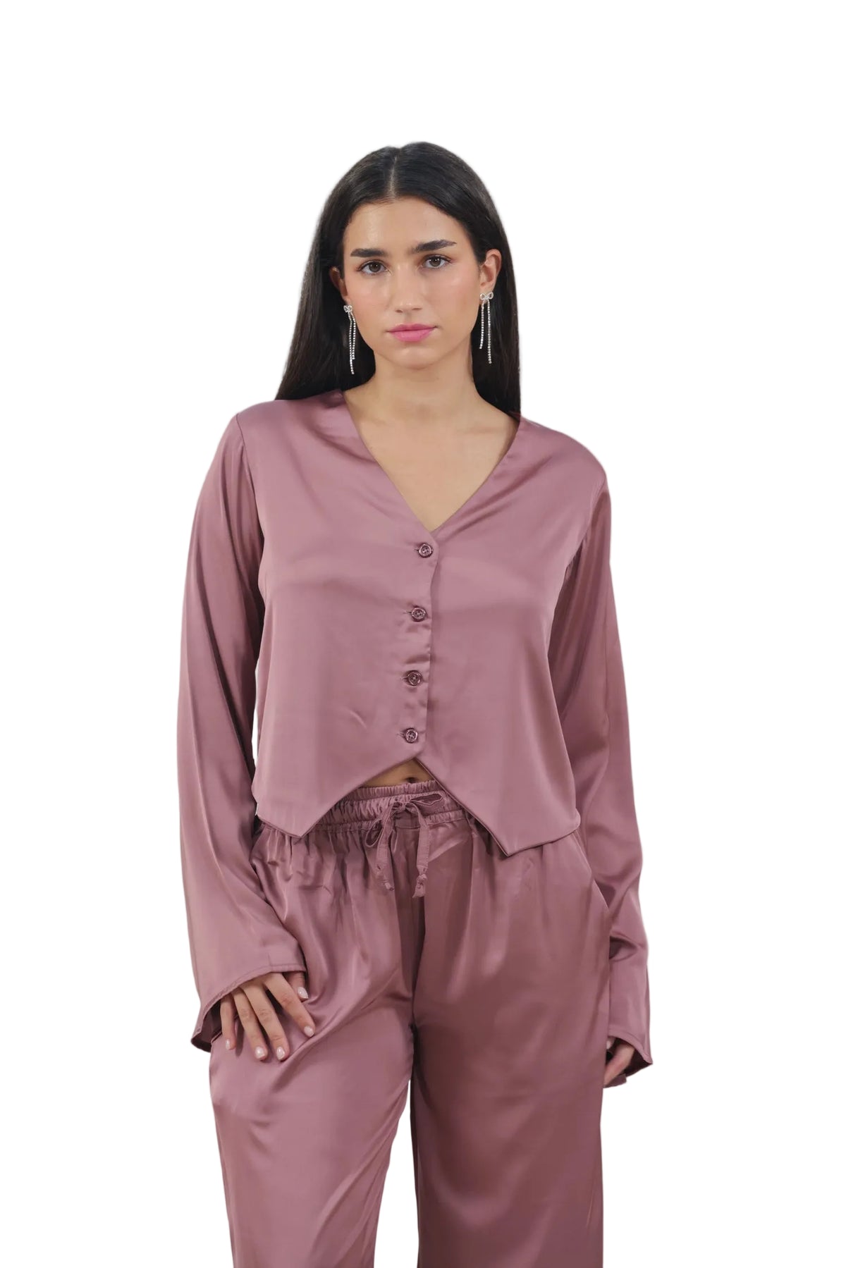 Femme Fatale - Women's Silk Flowy Top & Wide-Leg Set