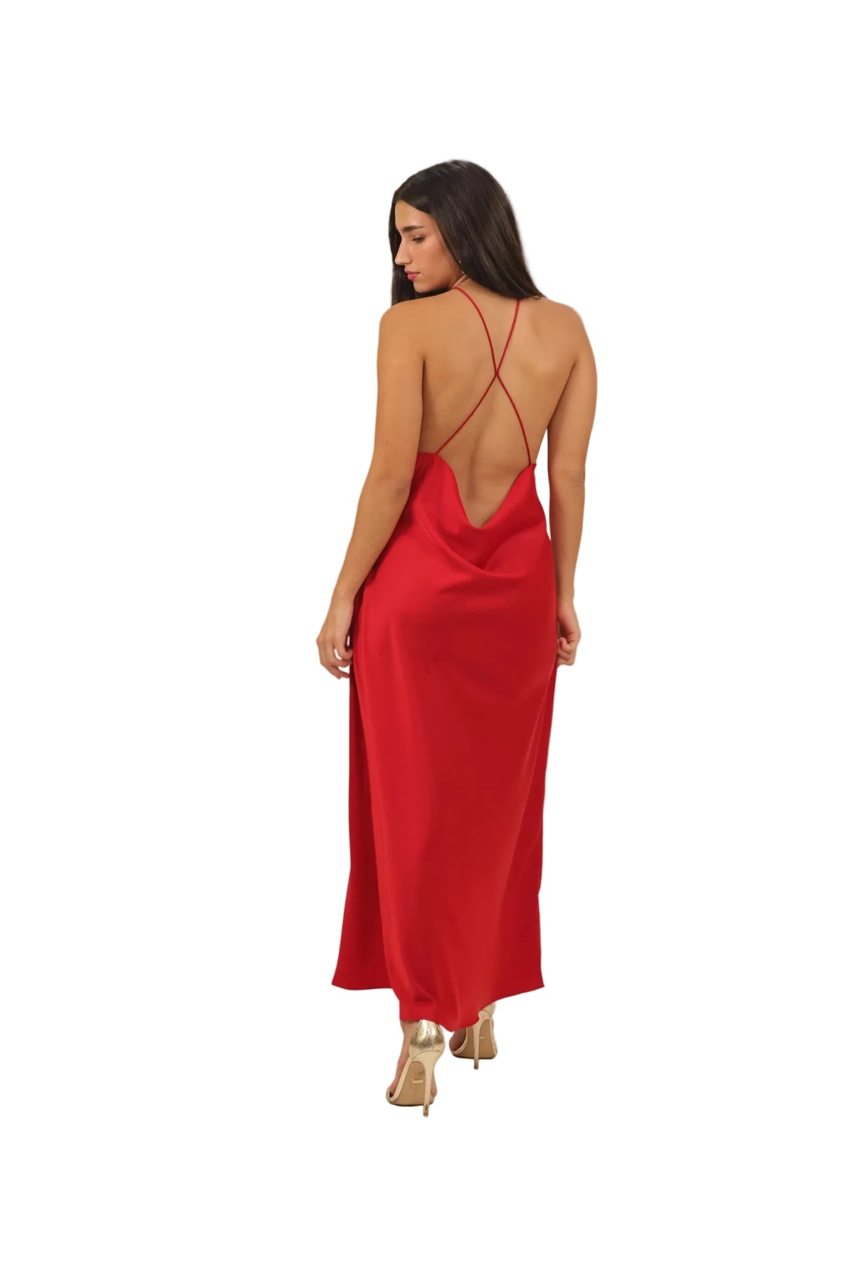 Woman wearing a red dress with a backless design on a beige background