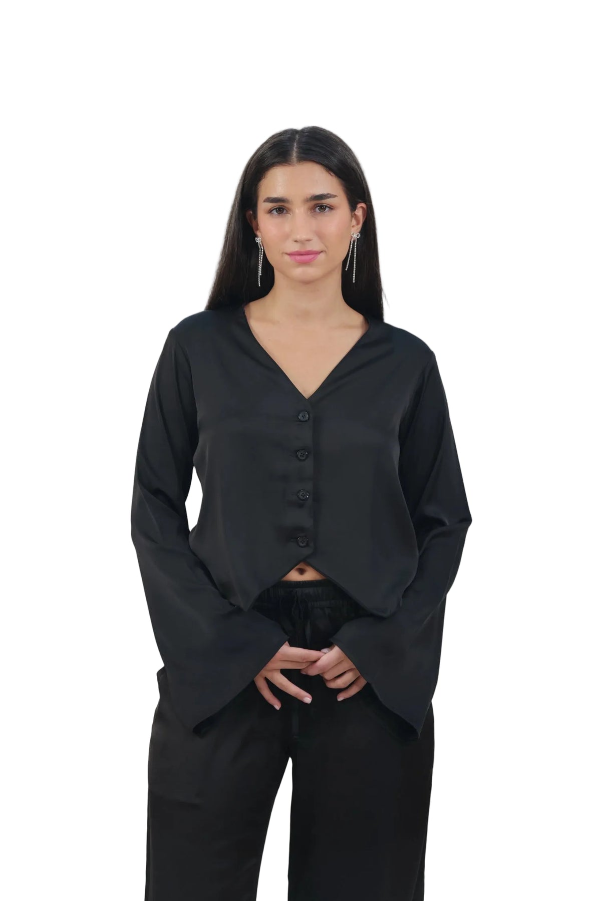 Femme Fatale - Women's Silk Flowy Top & Wide-Leg Set