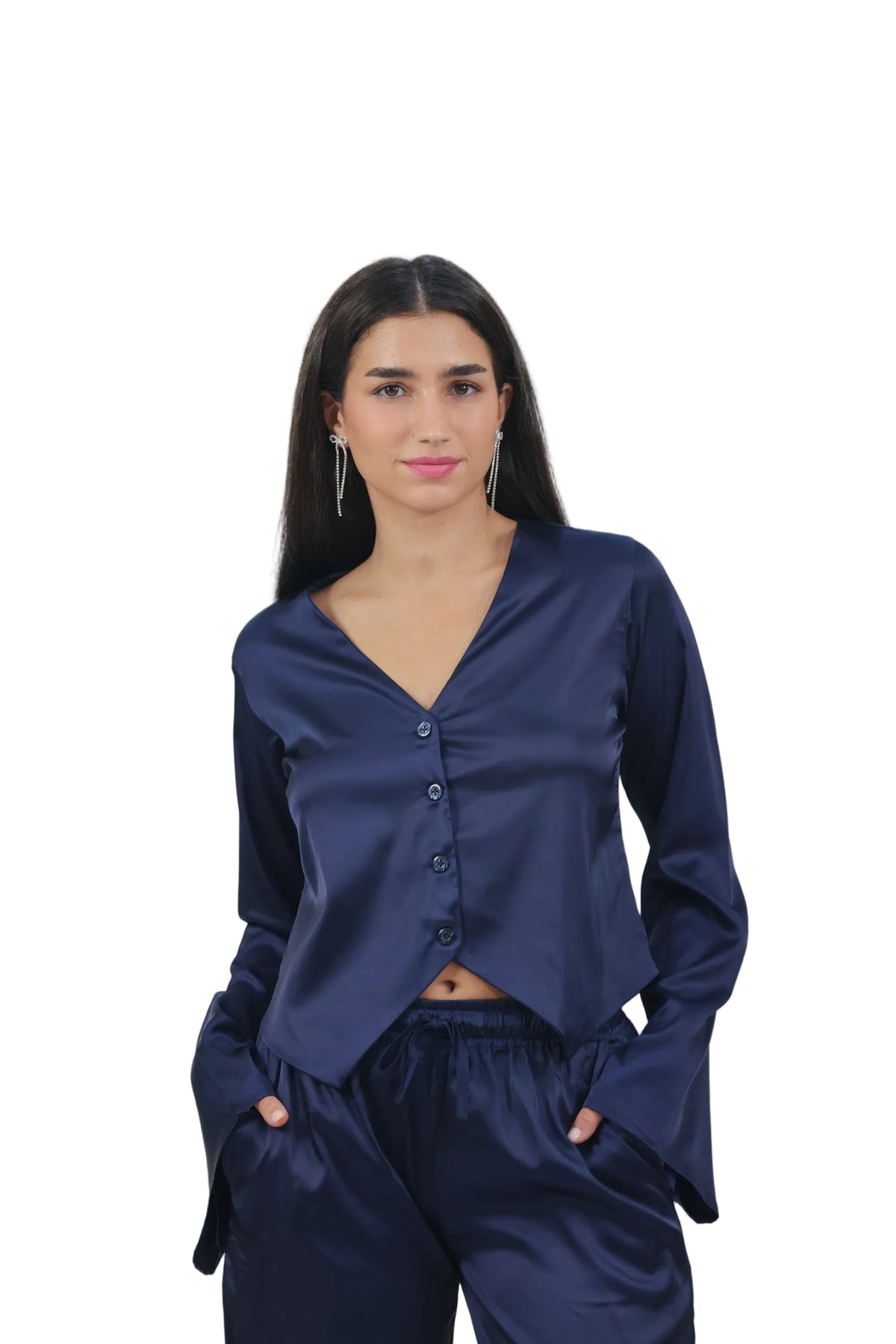 Femme Fatale - Women's Silk Flowy Top & Wide-Leg Set