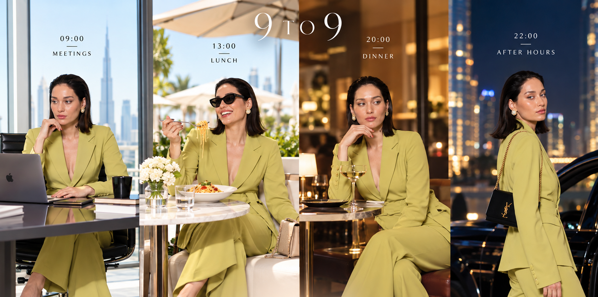 A four-panel lifestyle collage of a woman wearing a matching olive green blazer and trousers set in various Dubai time zones, with text overlays indicating meetings, lunch, dinner, and after-hours. The brand name 'FARZANA SHAH' is displayed at the bottom.
