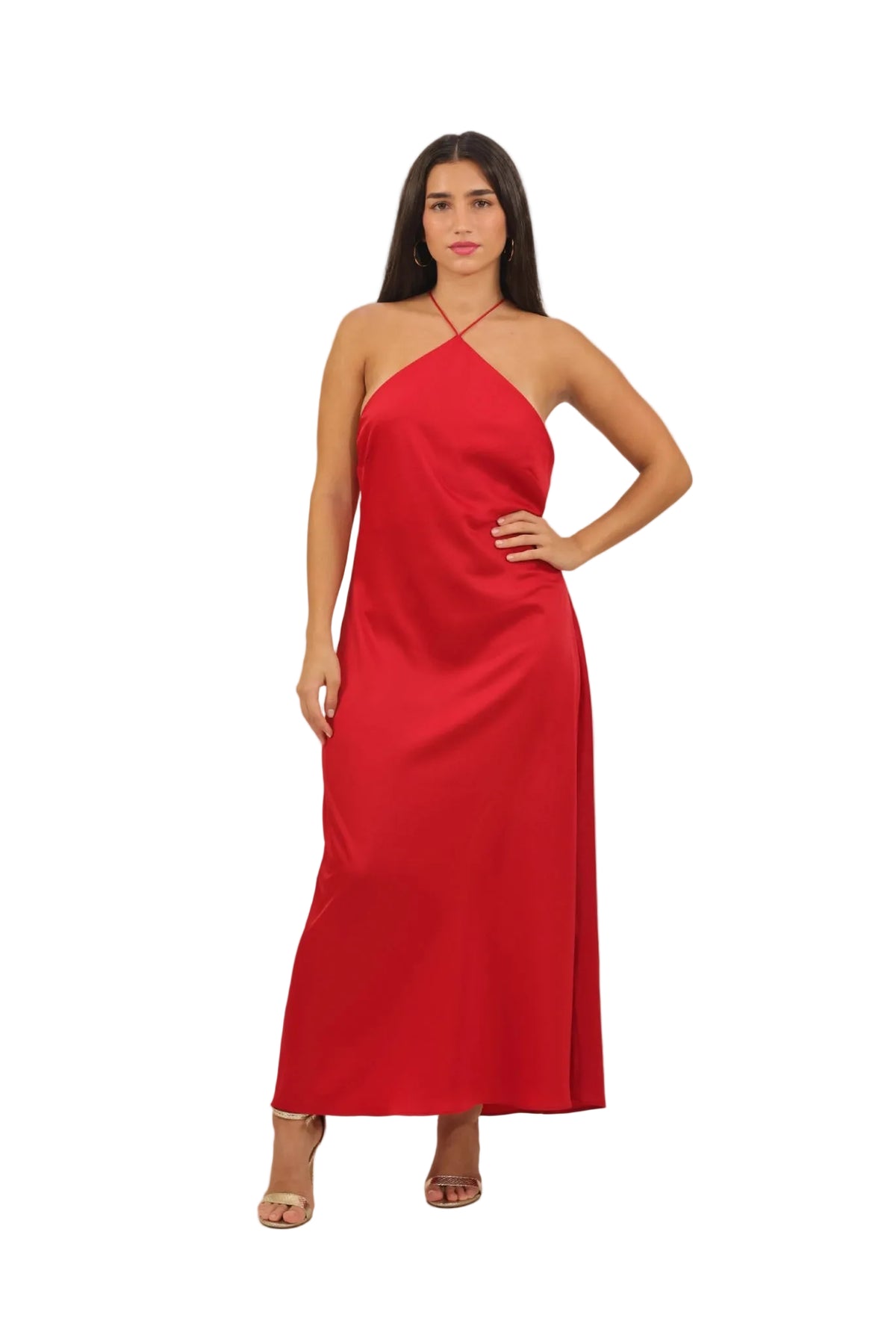 Woman wearing a red one-shoulder dress on a beige background